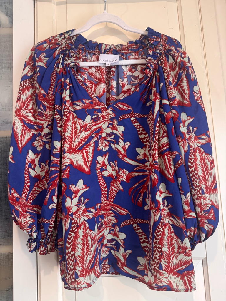Blue Red Tropical Puff-Sleeve Blouse